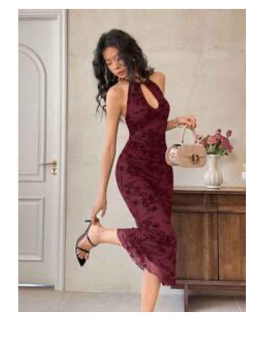 Women's Burgundy Lace Halter Midi Dress